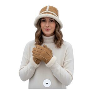 UGG Australia Shearling Sheepskin Bucket Hat & gloves Tan Leather Fur Trim Size